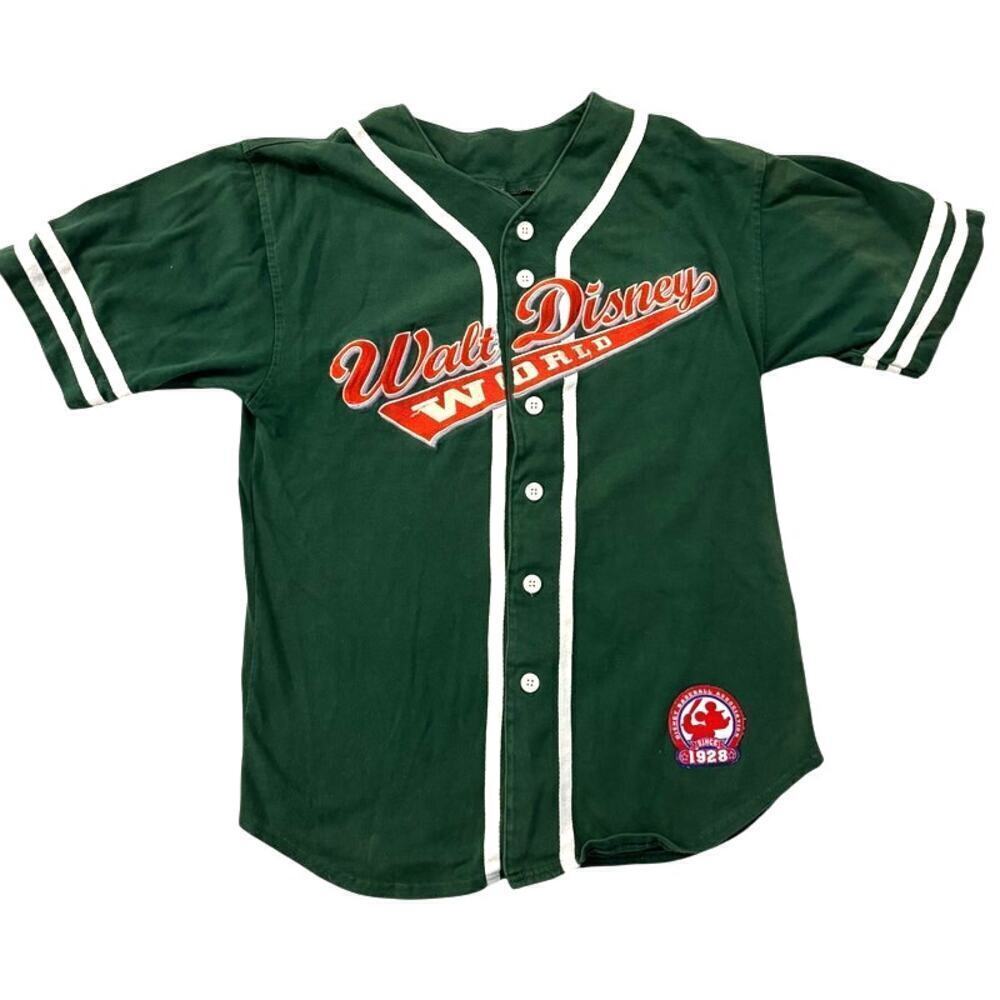 Vintage Walt Disney World Green Disney Baseball Association Jersey Kids Size XL